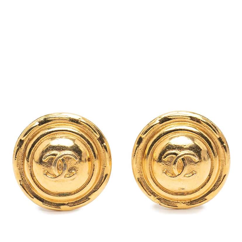 Chanel Gold Plated CC Round Clip on Earrings Gold Metal Good condition - Front View