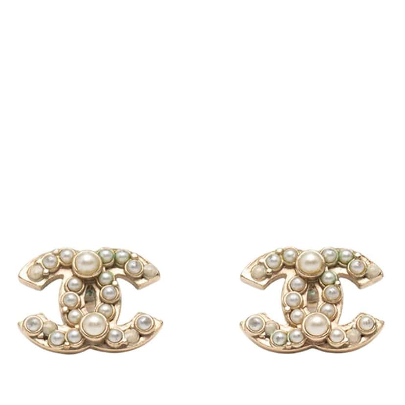 Chanel CC Gold Plated Faux Pearl Push Back Earrings Gold Metal Good condition - Front View