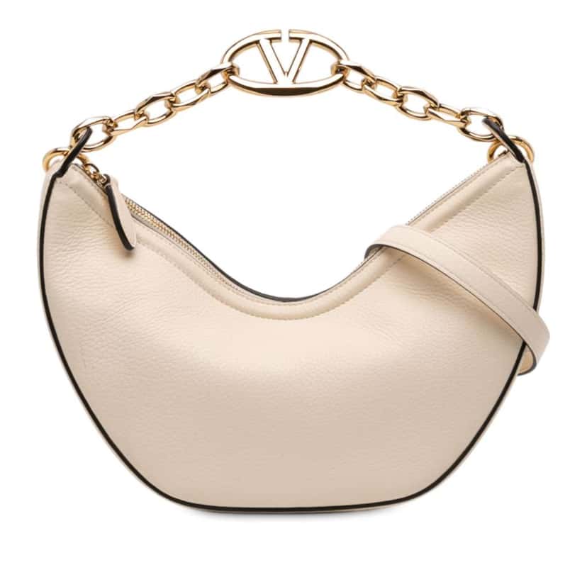 Valentino Small Grainy Calfskin VLogo Moon Hobo White Leather Good condition - Front View