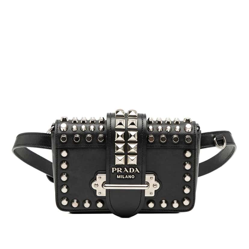 Prada Studded City Calf and Saffiano Cahier Belt Bag Black Leather Good condition - Front View