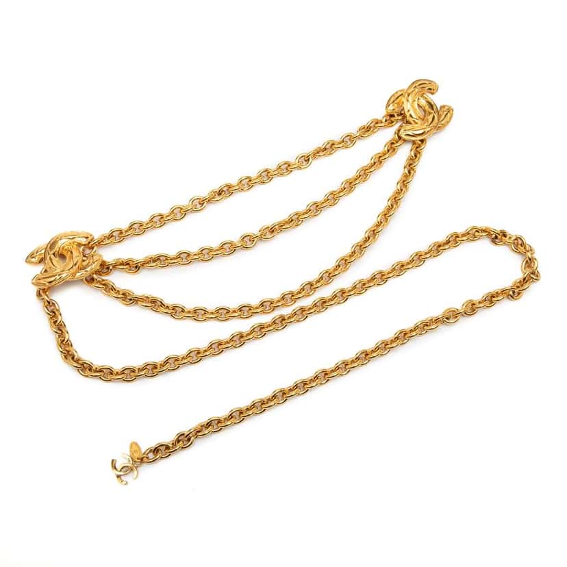 Chanel Gold Plated Quilted CC Triple Chain Belt Gold Metal Good condition - Front View