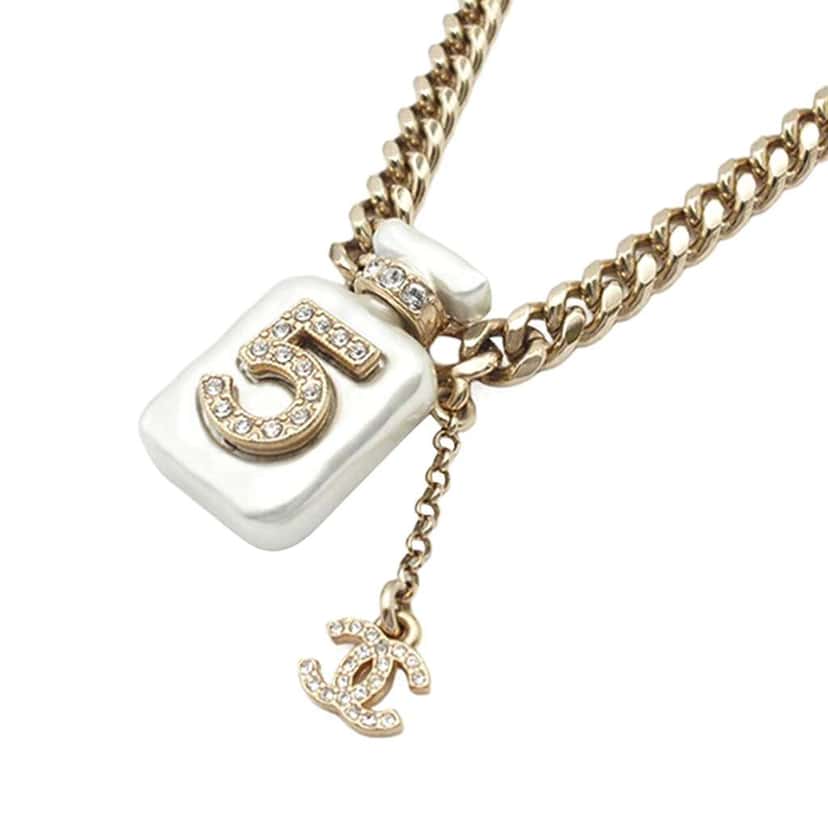 Chanel Gold Plated CC Resin and Rhinestones No. 5 Perfume Bottle Pendant Necklace Gold Metal Good condition - Back View