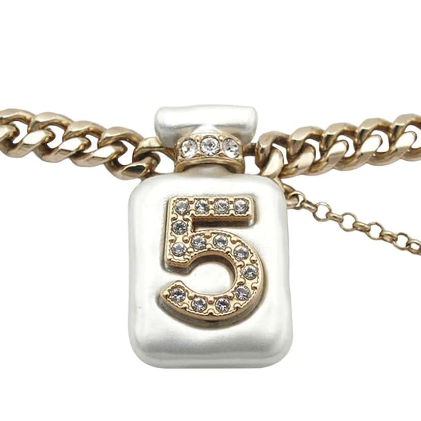 Chanel Gold Plated CC Resin and Rhinestones No. 5 Perfume Bottle Pendant Necklace Gold Metal Good condition - Inside View