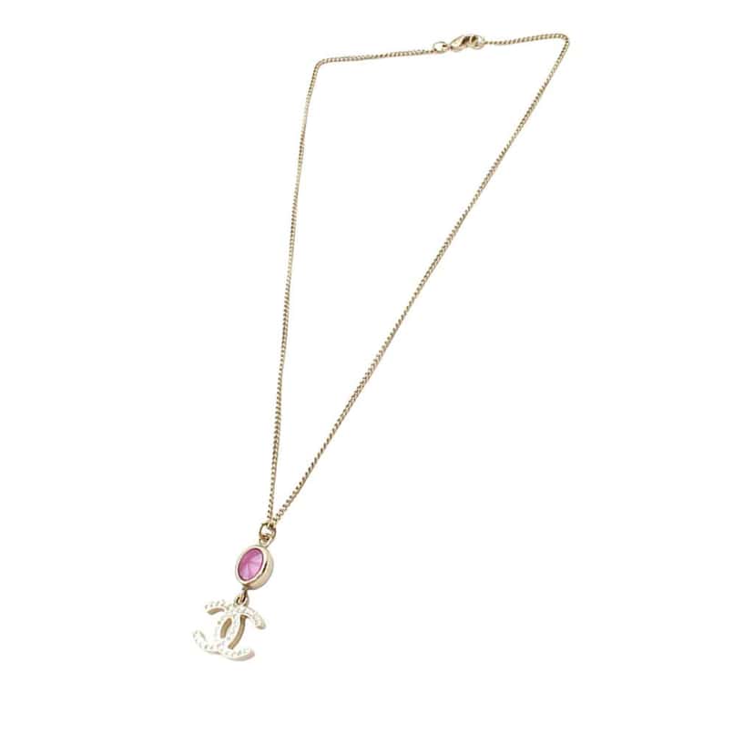 Chanel CC Gold Plated Rhinestone Pendant Necklace Gold Metal Good condition - Front View
