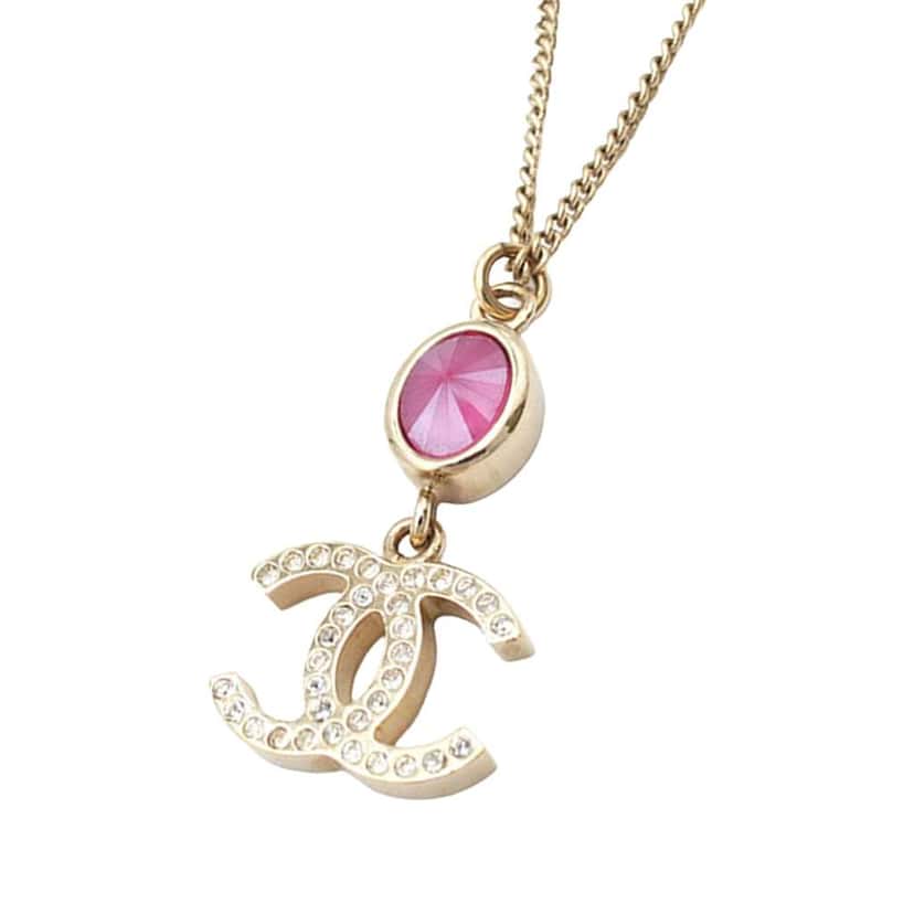 Chanel CC Gold Plated Rhinestone Pendant Necklace Gold Metal Good condition - Back View