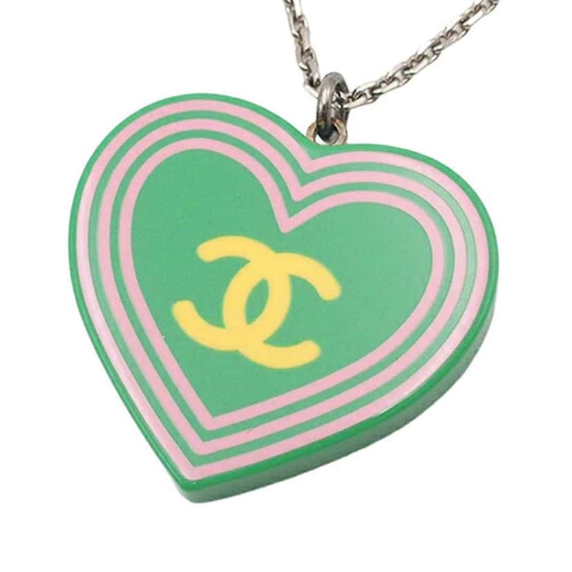 Chanel Silver Plated CC Resin Heart Pendant Necklace Silver Metal Good condition - Back View