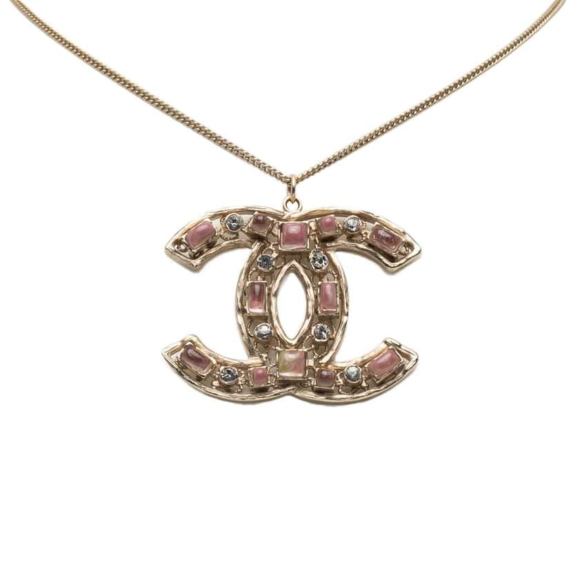 Chanel Gold Plated CC Crystals Pendant Necklace Gold Metal Good condition - Front View
