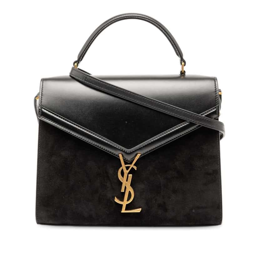 Saint Laurent Medium Calfskin and Suede Classic Monogram Cassandra Top Handle Bag Black Leather Good condition - Front View