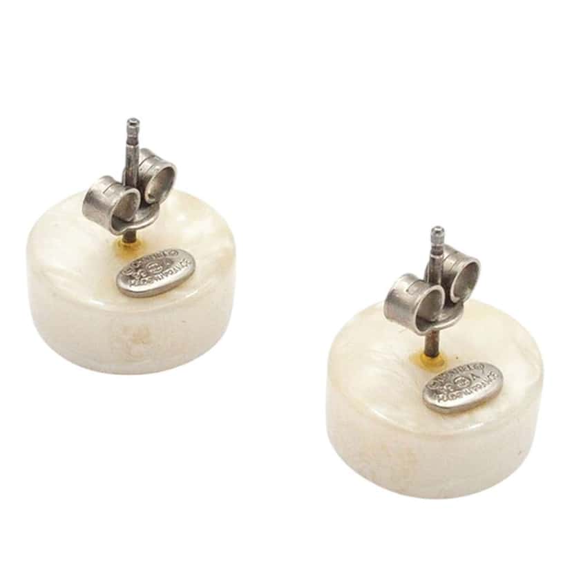 Chanel Resin and Silver Plated CC Round Push Back Earrings White Good condition - Back View