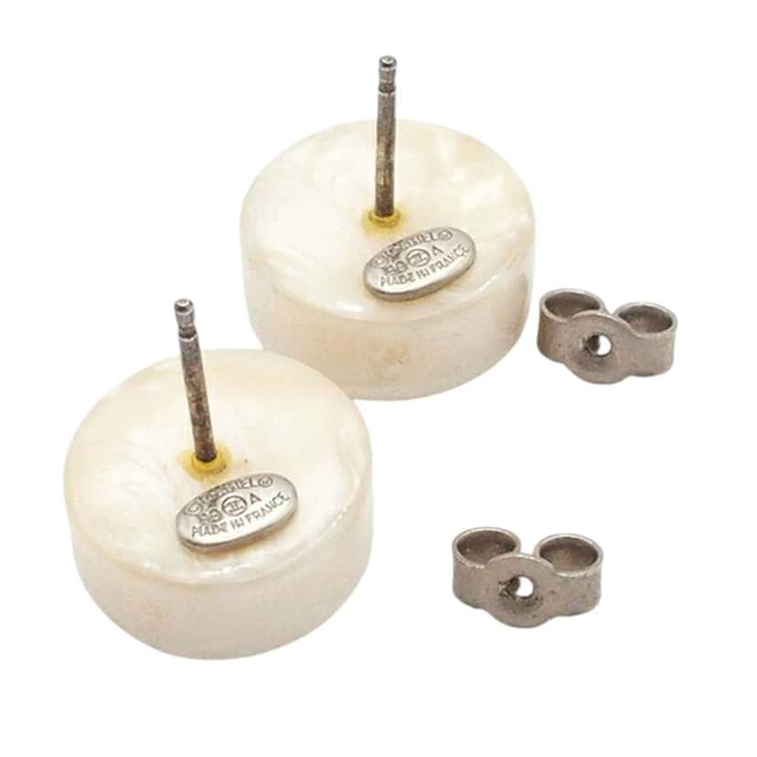 Chanel Resin and Silver Plated CC Round Push Back Earrings White Good condition - Inside View