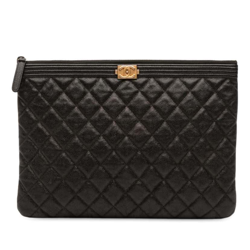 Chanel Medium Quilted Caviar Boy O Case Clutch Black Leather Very good condition - Front View