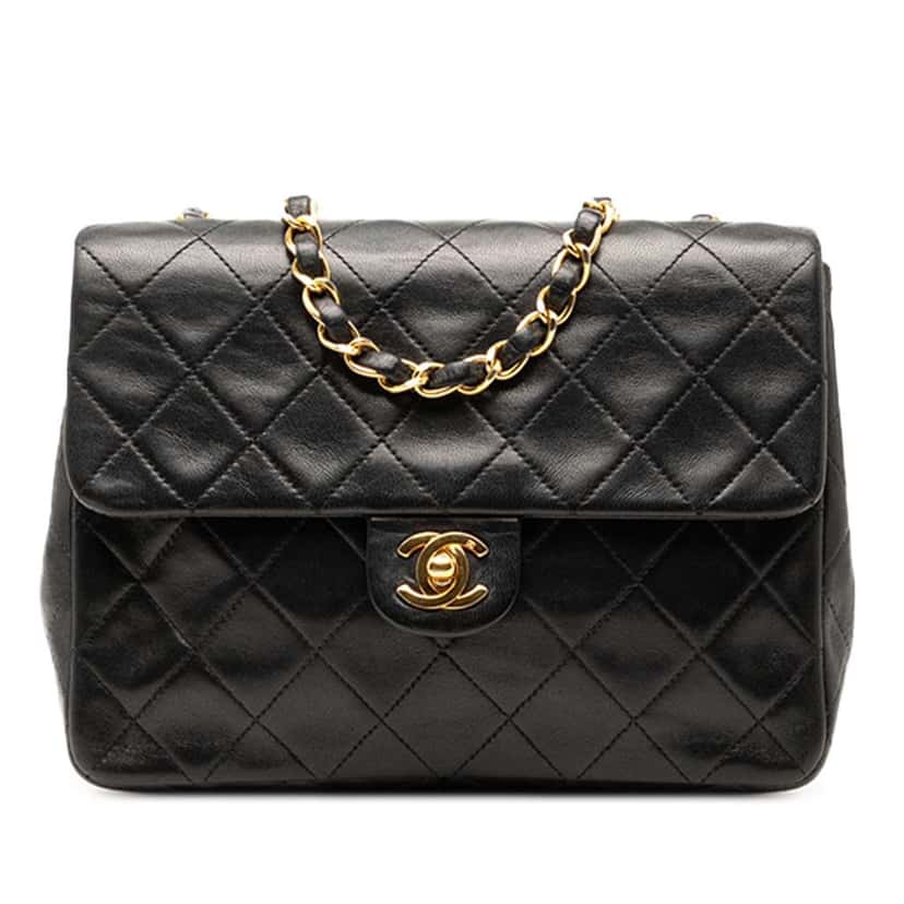 Chanel Mini Square Lambskin Straight Single Flap Black Leather Good condition - Front View