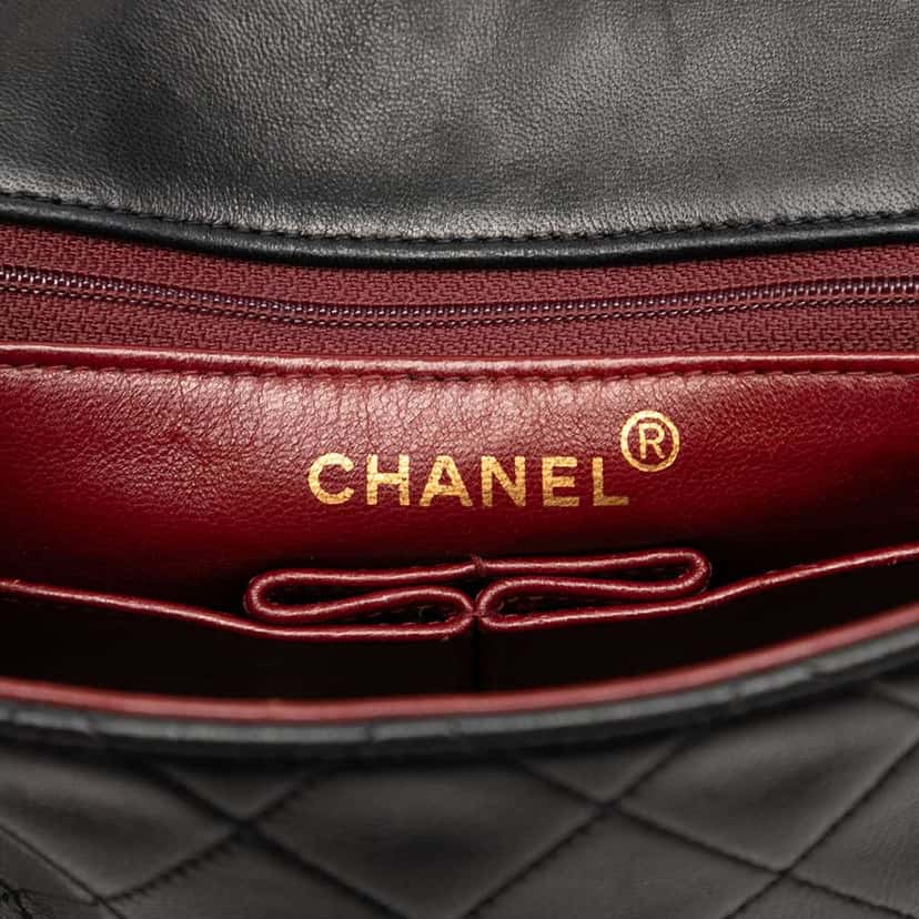 Chanel Mini Square Lambskin Straight Single Flap Black Leather Good condition - Box View