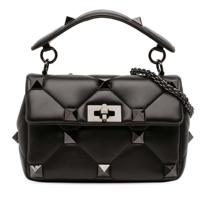Valentino Medium Nappa Monochrome Roman Stud Satchel Black Leather Good condition - Front View
