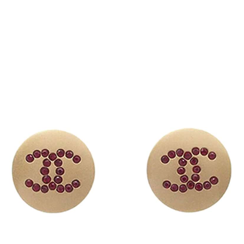 Chanel Gold Plated CC Rhinestone Round Push Back Earrings Gold Metal Good condition - Front View
