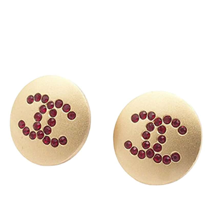 Chanel Gold Plated CC Rhinestone Round Push Back Earrings Gold Metal Good condition - Back View