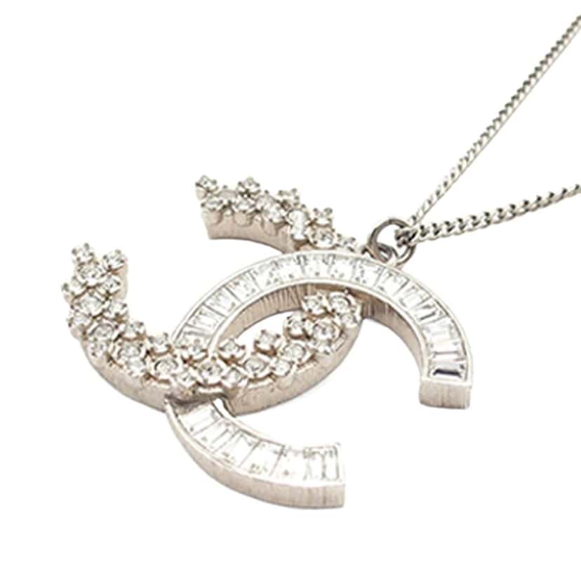 Chanel CC Silver Plated Rhinestones Pendant Necklace Silver Metal Good condition - Front View