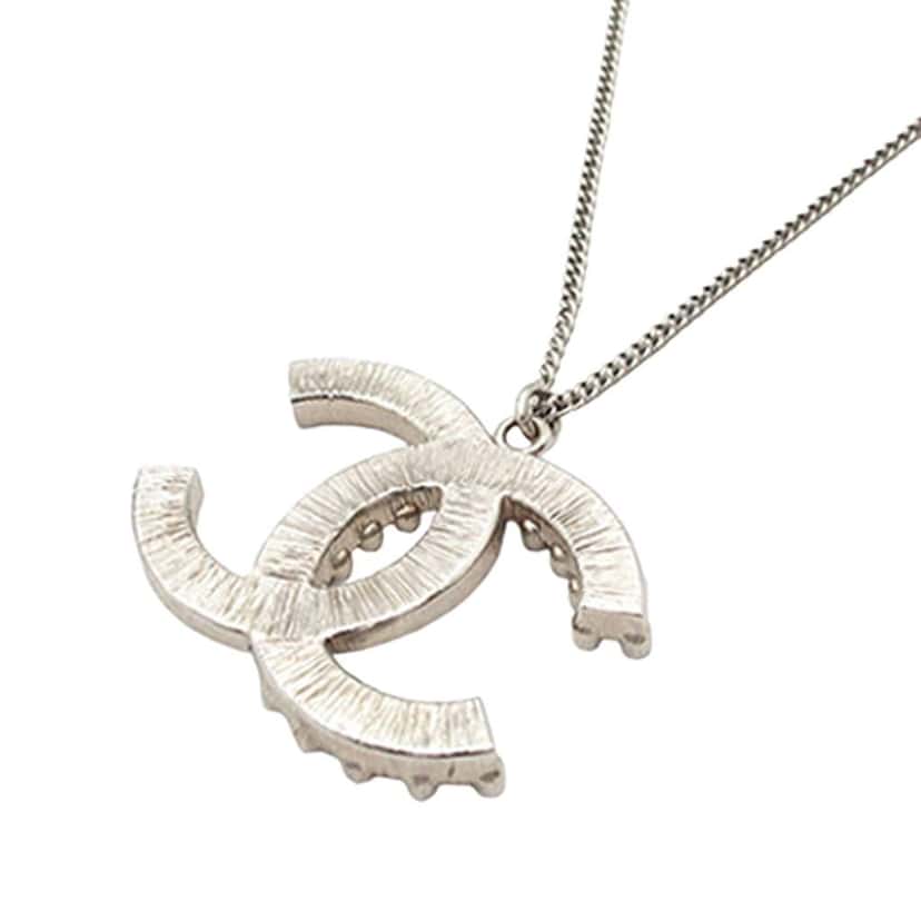 Chanel CC Silver Plated Rhinestones Pendant Necklace Silver Metal Good condition - Back View