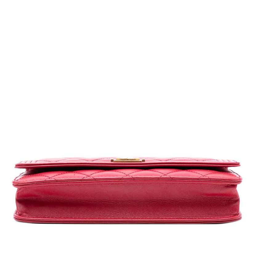 Chanel Quilted Lambskin Boy Wallet On Chain Red Leather Good condition - Inside View