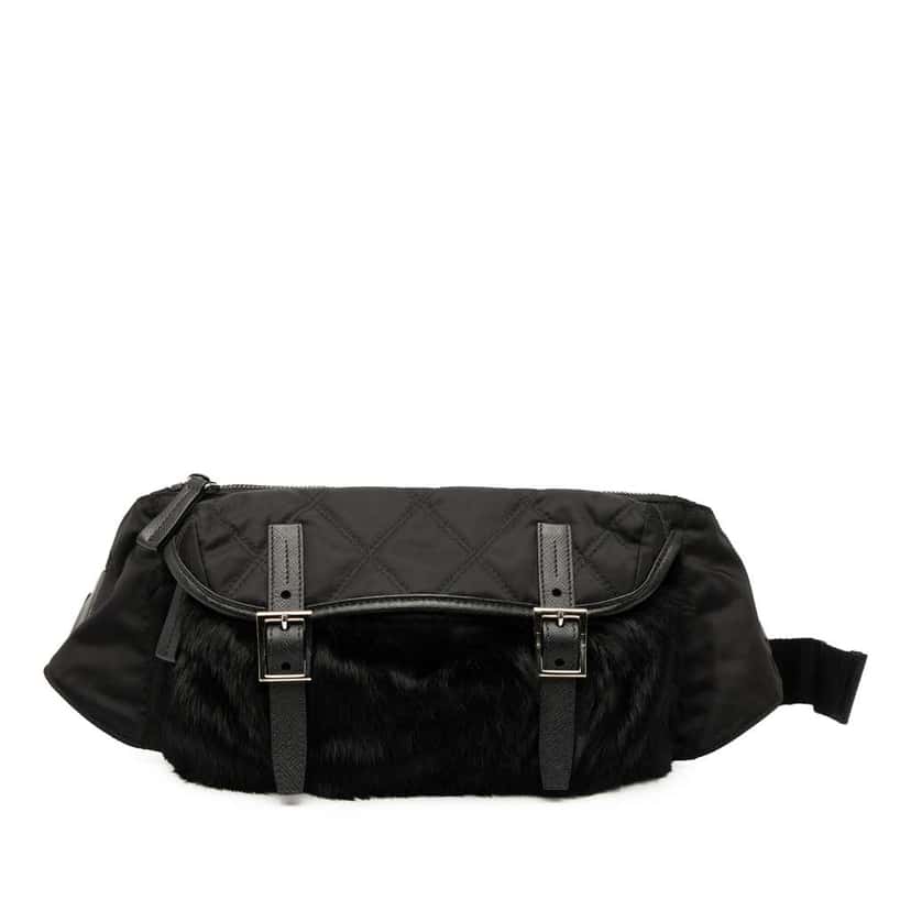 Prada Saffiano Trimmed Impuntu Tessuto and Fur Double Buckle Belt Bag Black Good condition - Front View
