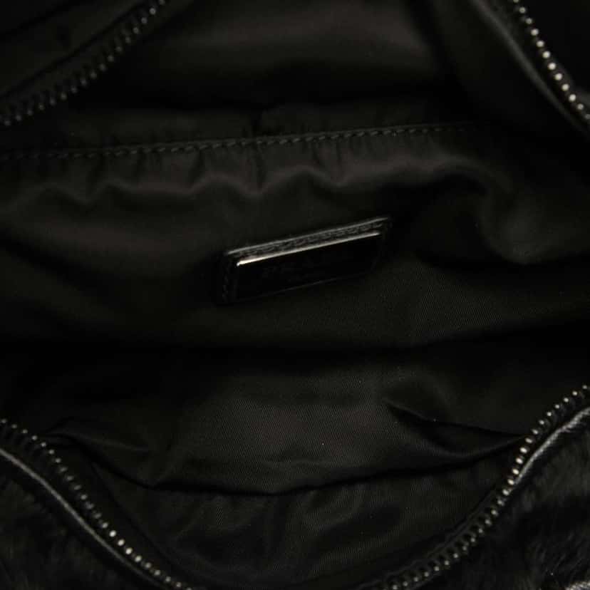 Prada Saffiano Trimmed Impuntu Tessuto and Fur Double Buckle Belt Bag Black Good condition - Model View