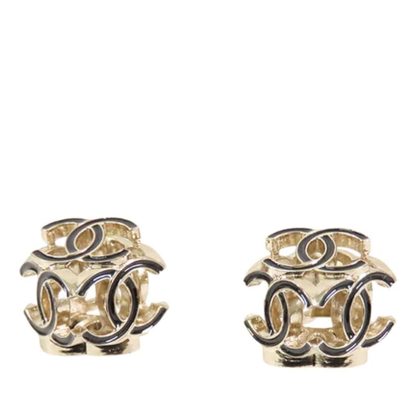 Chanel CC Gold Plated Enamel Cube Logo Push Back Earrings Gold Metal Good condition - Front View