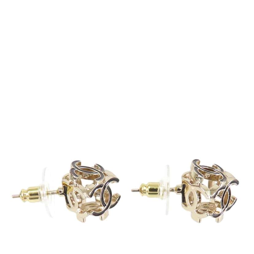 Chanel CC Gold Plated Enamel Cube Logo Push Back Earrings Gold Metal Good condition - Inside View