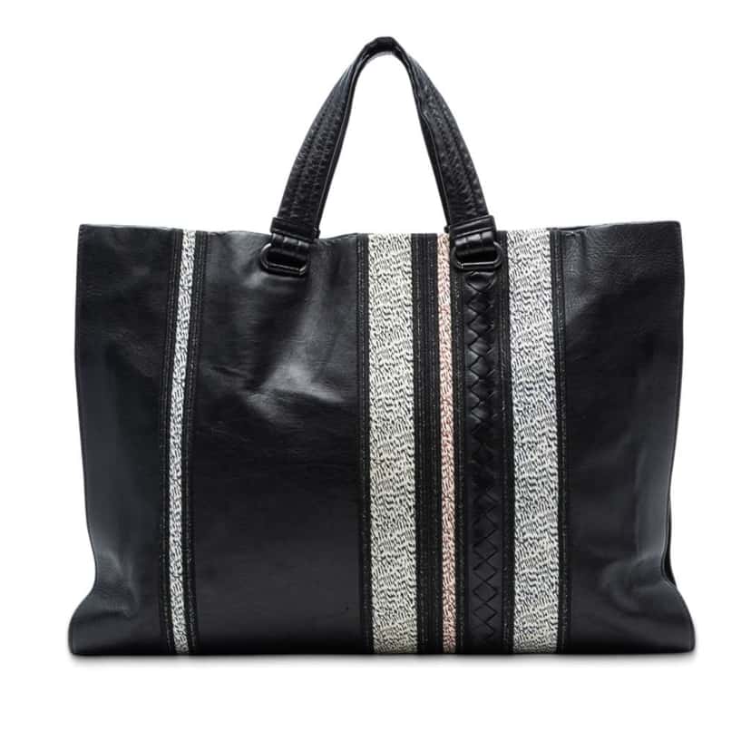 Bottega Veneta Intrecciato Trimmed Nappa Vertical Stripe Tote Black Leather Good condition - Front View