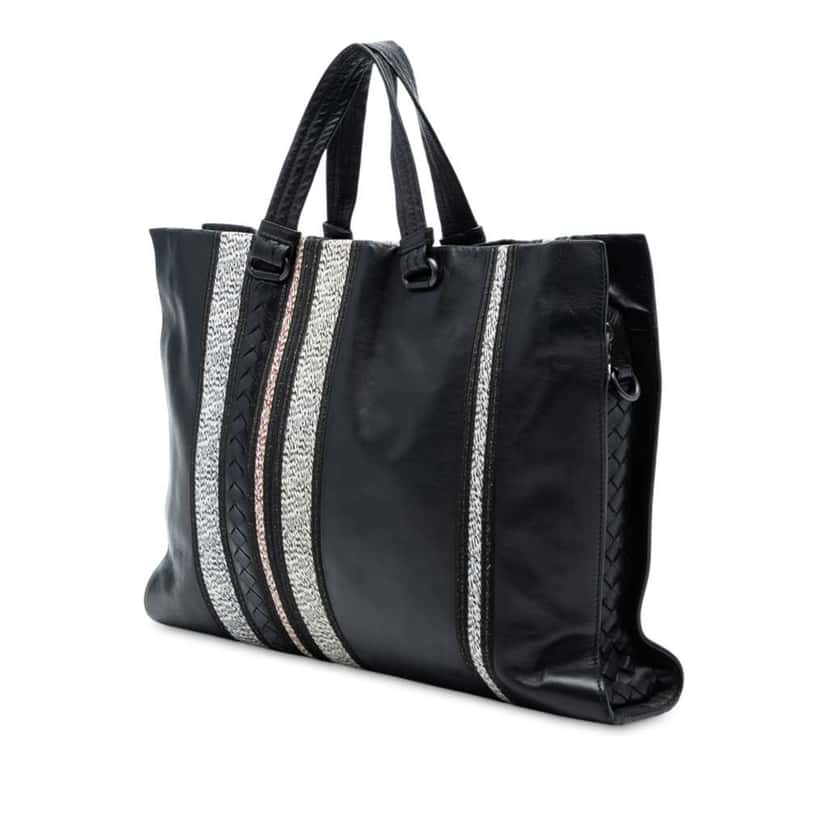 Bottega Veneta Intrecciato Trimmed Nappa Vertical Stripe Tote Black Leather Good condition - Back View