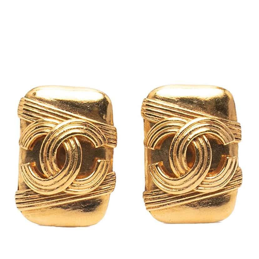 Chanel CC Gold Plated Striped Clip On Earrings Gold Metal Good condition - Front View