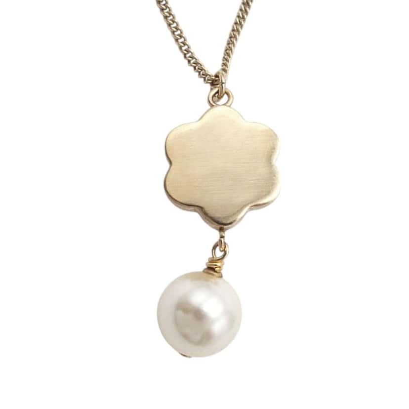 Chanel Gold Plated CC Faux Pearl Flower Drop Pendant Necklace Gold Metal Good condition - Back View