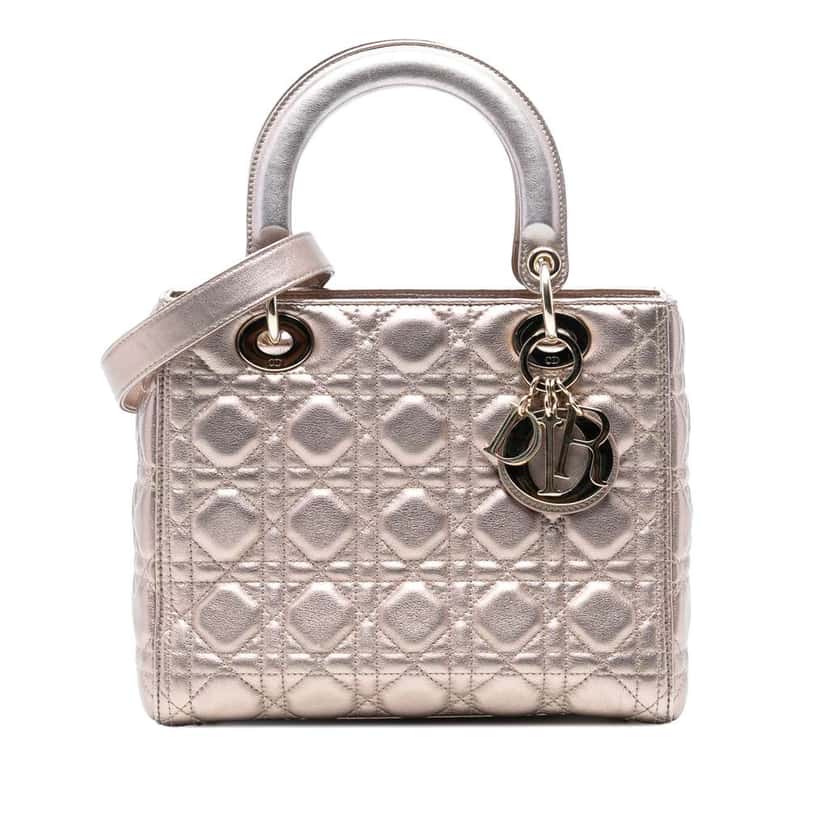 Dior Medium Metallic Lambskin Cannage Lady Dior Gold Leather Good condition - Front View
