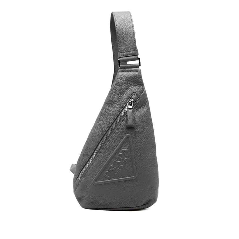 Prada Vitello Daino Logo Embossed Sling Bag Grey Leather Good condition - Front View