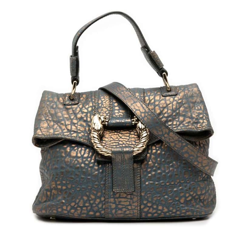 Bvlgari Croc Embossed Metallic Leather Leoni Satchel Blue Leather Good condition - Front View