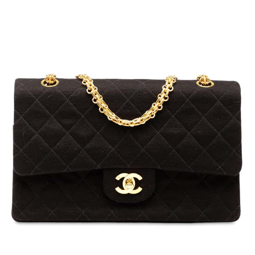 Chanel Medium Classic Jersey Bijoux Chain Double Flap Black Cotton Good condition - Front View