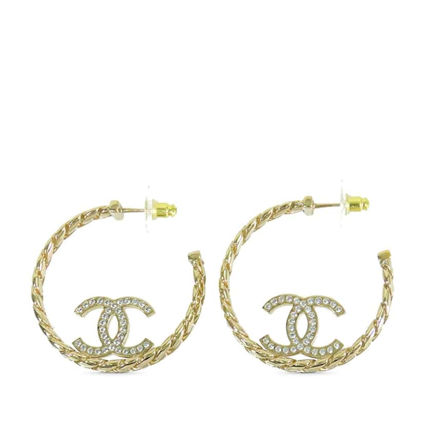 Chanel CC Gold Plated Crystal Chain Hoop Earrings Gold Metal Good condition - Front View