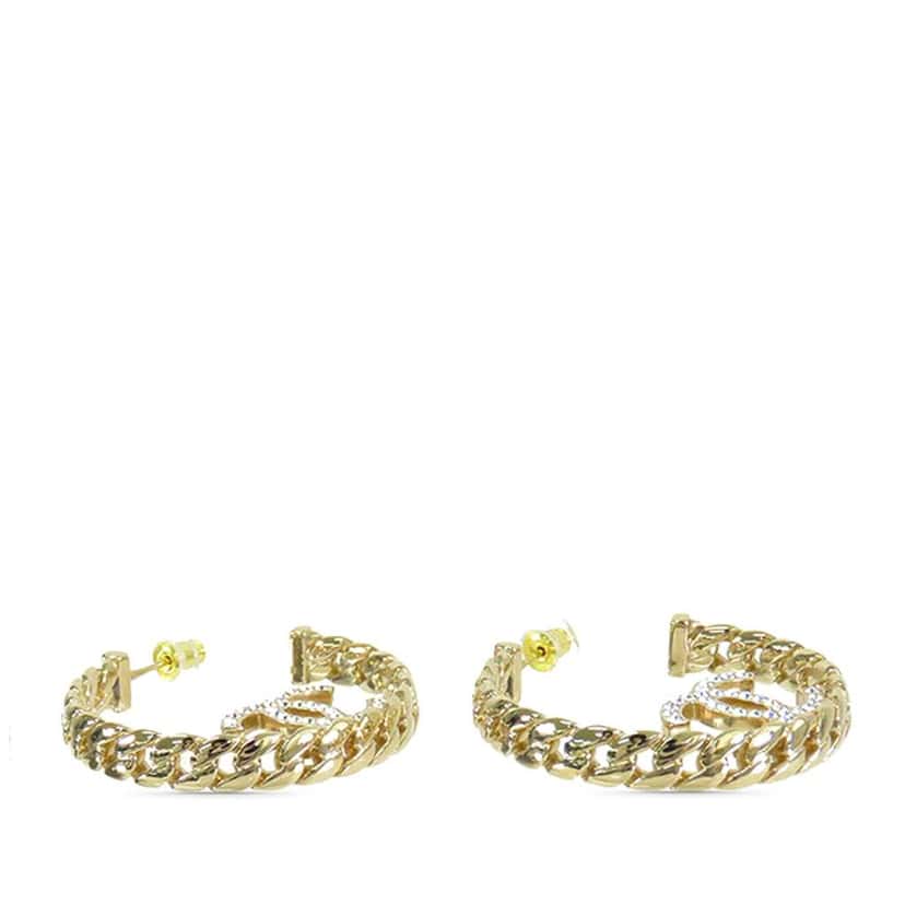 Chanel CC Gold Plated Crystal Chain Hoop Earrings Gold Metal Good condition - Back View