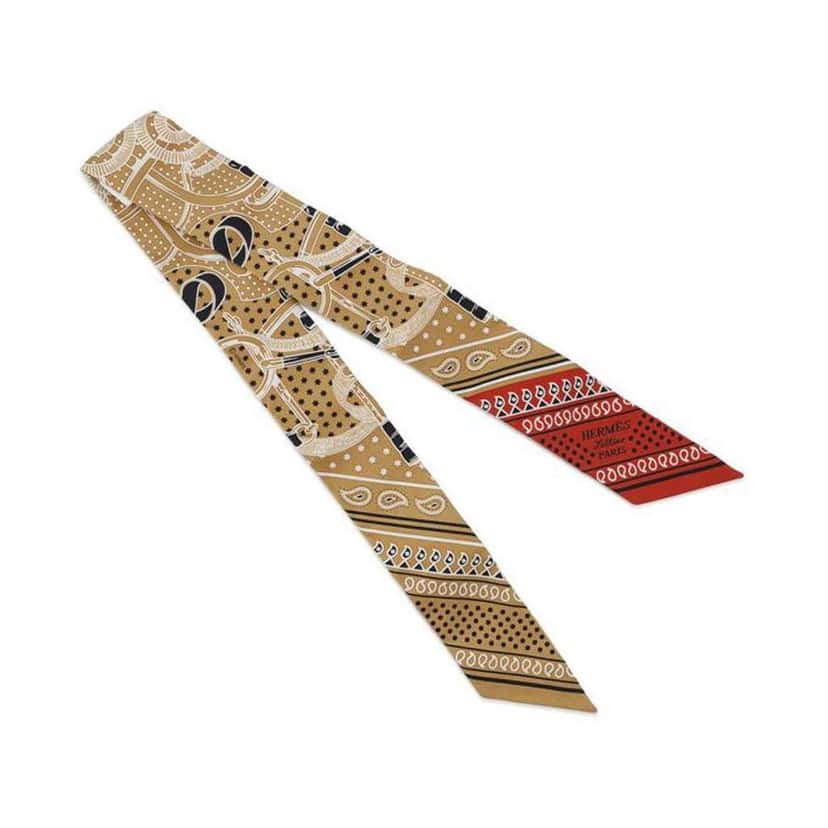 Hermès Eperon d Or Bandana Silk Twilly Scarf Brown Silk Very good condition - Box View