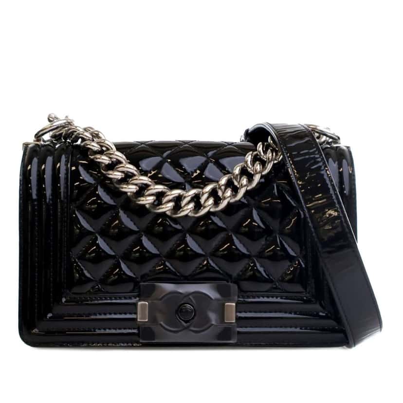Chanel Small Quilted Patent Boy Flap Black Leather Good condition - Front View