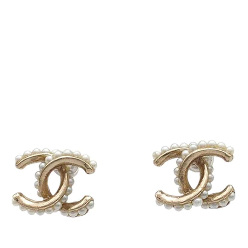 Chanel CC Gold Plated Faux Pearl Bullet Back Earrings Gold Metal Good condition - Front View