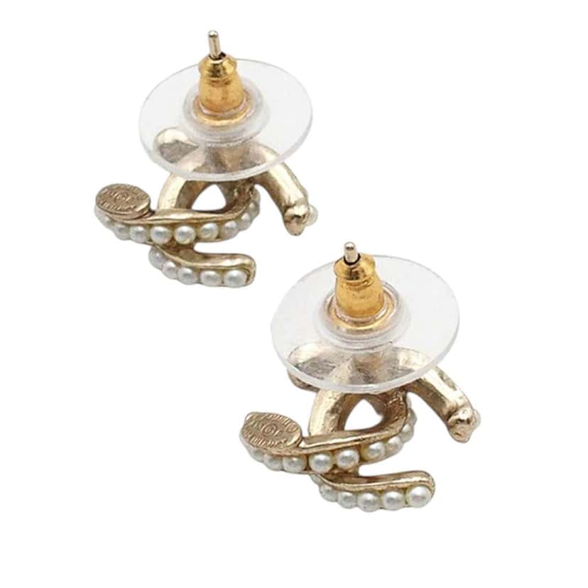 Chanel CC Gold Plated Faux Pearl Bullet Back Earrings Gold Metal Good condition - Back View