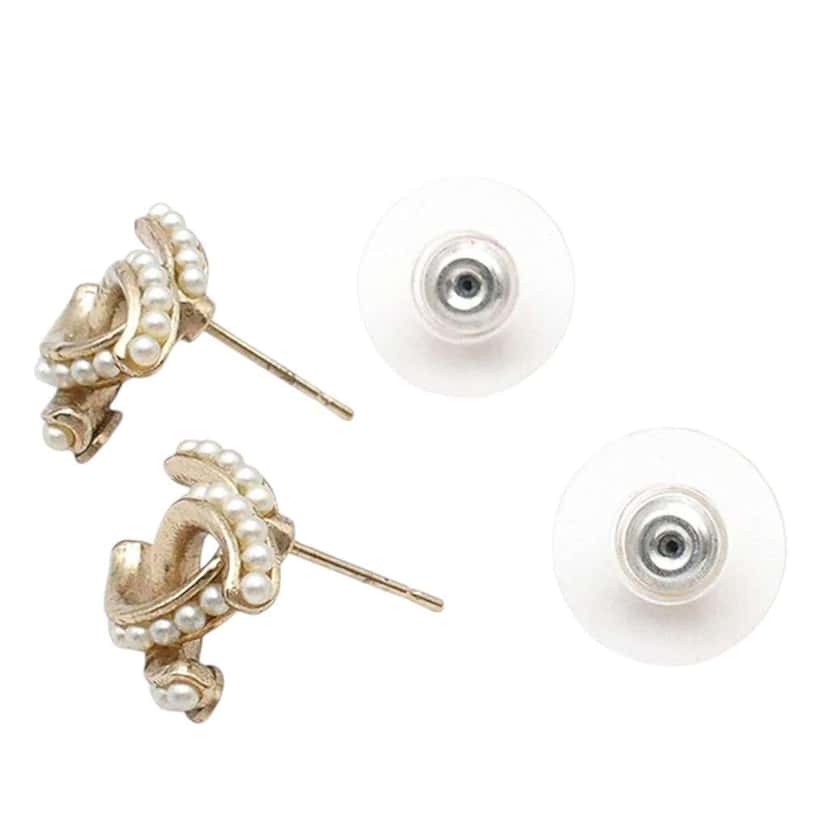 Chanel CC Gold Plated Faux Pearl Bullet Back Earrings Gold Metal Good condition - Inside View