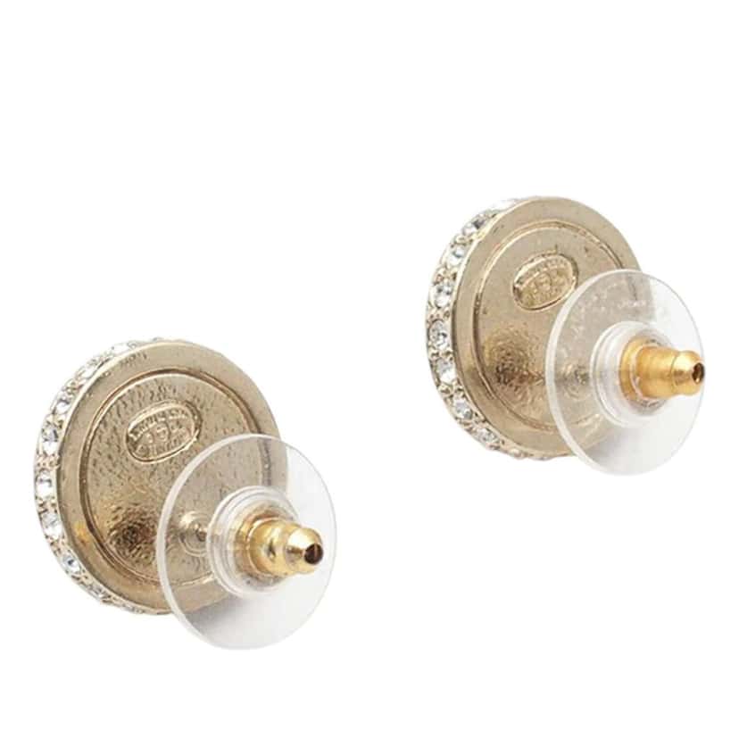 Chanel Gold Plated CC Resin Faux Pearl Crystal Dome Bullet Back Earrings Black Good condition - Inside View