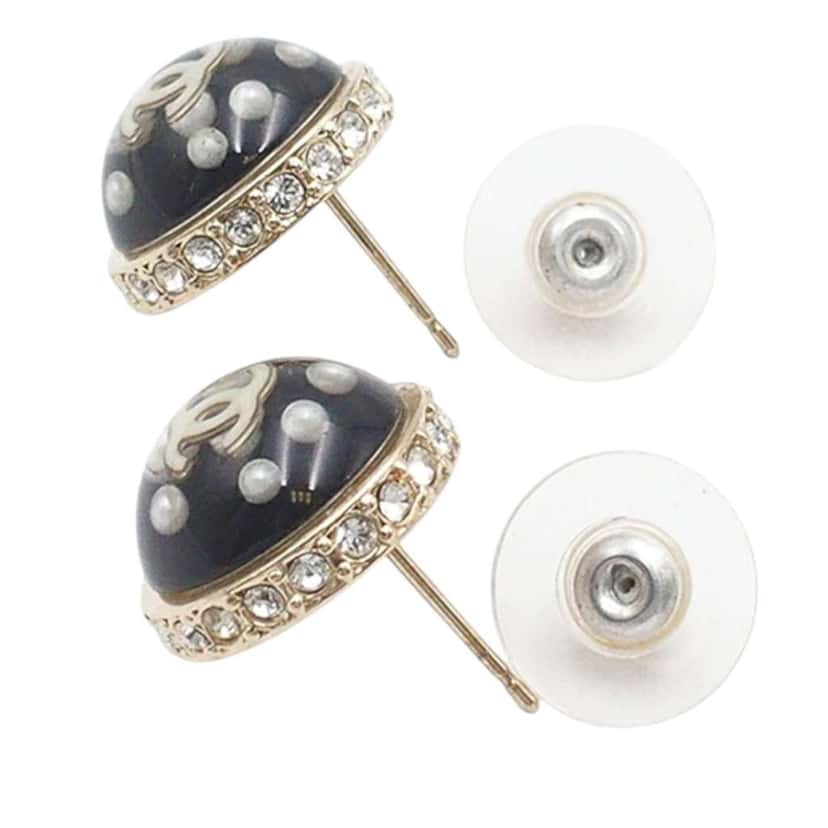 Chanel Gold Plated CC Resin Faux Pearl Crystal Dome Bullet Back Earrings Black Good condition - Model View
