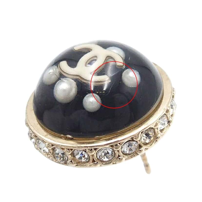 Chanel Gold Plated CC Resin Faux Pearl Crystal Dome Bullet Back Earrings Black Good condition - Box View