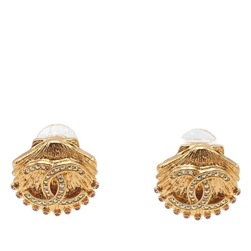 Chanel CC Gold Plated Rhinestone Shell Clip On Earrings Gold Metal Good condition - Front View