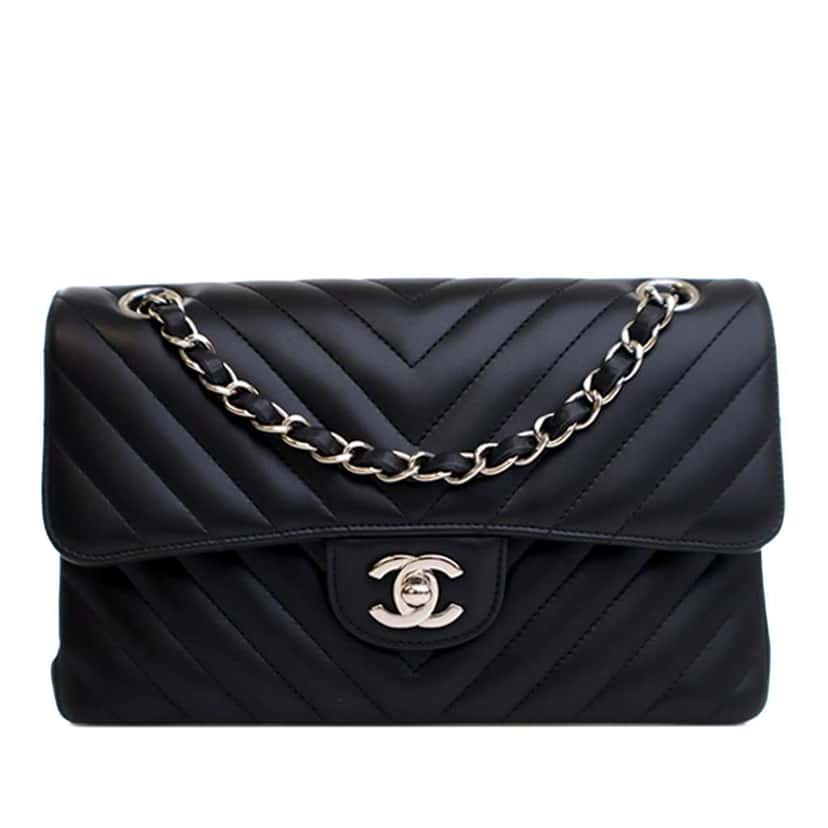 Chanel Small Classic Chevron Lambskin Double Flap Black Leather Good condition - Front View