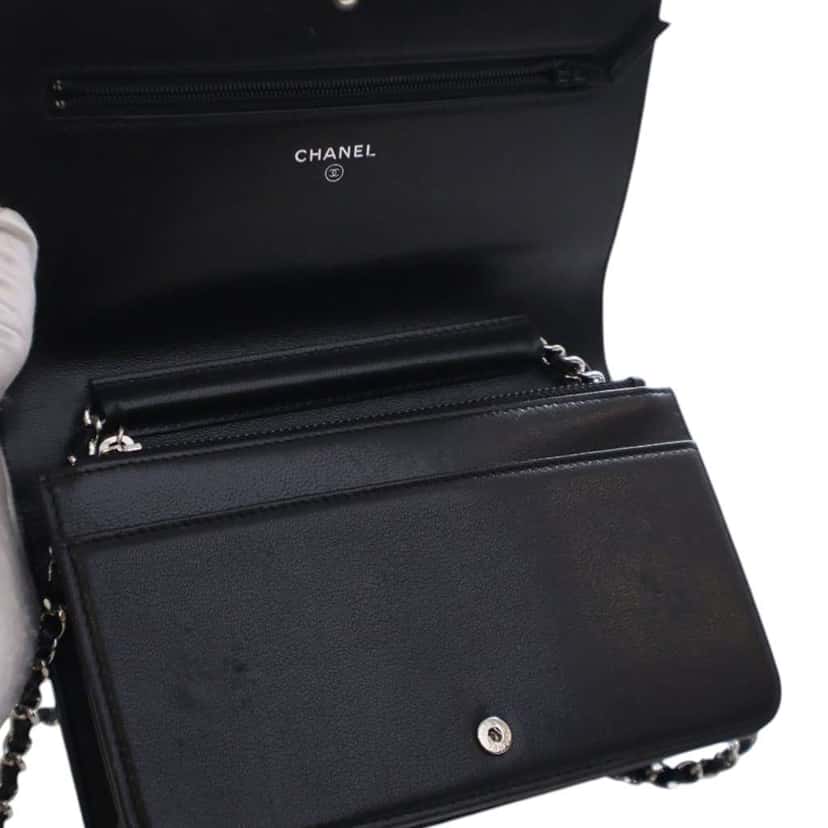 Chanel Quilted Lambskin Mademoiselle Wallet on Chain Black Leather Good condition - Box View
