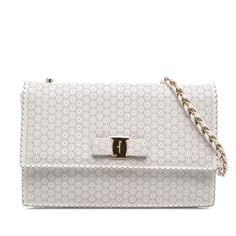 Salvatore Ferragamo Medium Perforated Leather Vara Ginny Crossbody White Leather Good condition - Front View