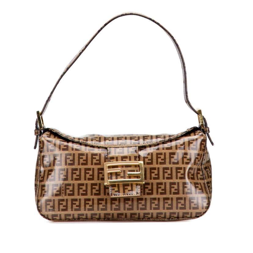 Fendi Zucchino Crystal Double Flap Shoulder Bag Brown Canvas Good condition - Front View